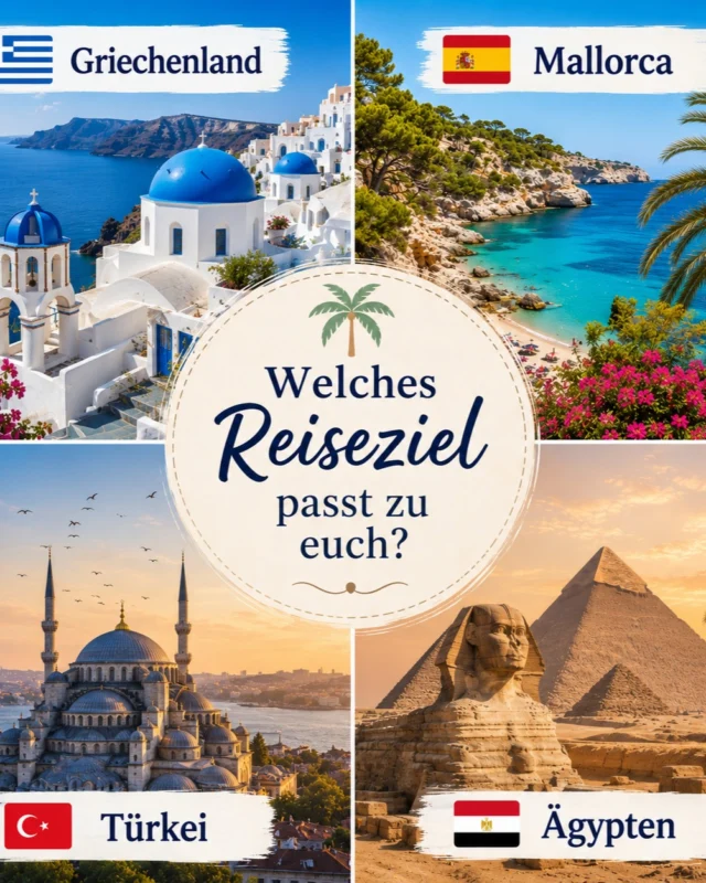 🌍 Jedes Reiseziel hat seinen ganz eigenen Charme – aber welches passt zu euch?

Griechenland – traumhafte Inseln und mediterranes Flair

Mallorca – vielseitig, von ruhigen Buchten bis lebhafte Promenaden

Türkei – hervorragende All-Inclusive-Hotels und Gastfreundschaft

Ägypten – Sonne, Meer und faszinierende Unterwasserwelt

💬 Verratet uns in den Kommentaren: Welches Reiseziel würdet ihr heute wählen?

Wir beraten euch gerne persönlich und finden gemeinsam euren Traumurlaub. ✈️

#volkach #volkacherreisebuero #reiseplanung #reiseziele